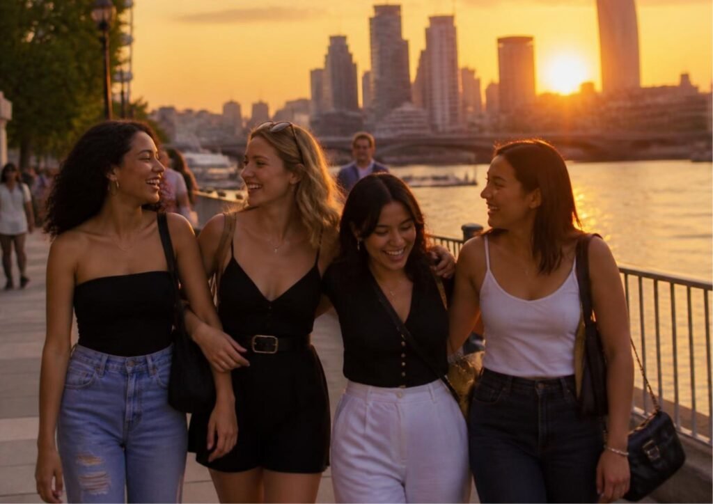 Friends walking along London's South Bank during summer.