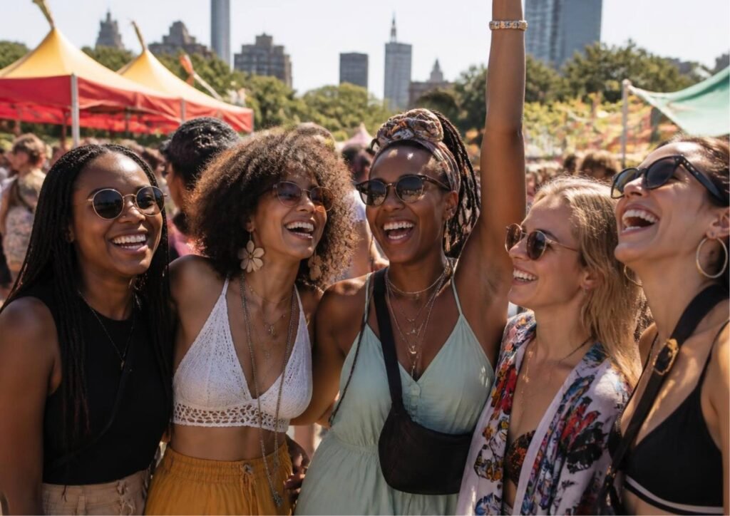 Women enjoying outdoor summer festival in London.
