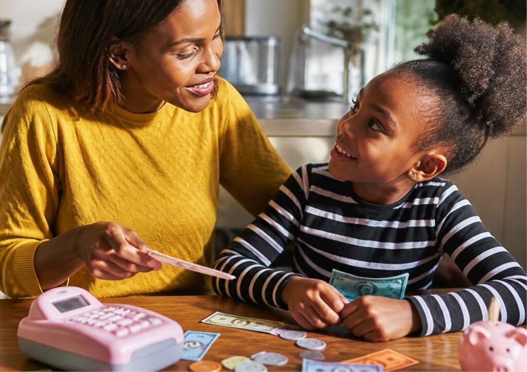 Parent encouraging healthy money habits through everyday activities.