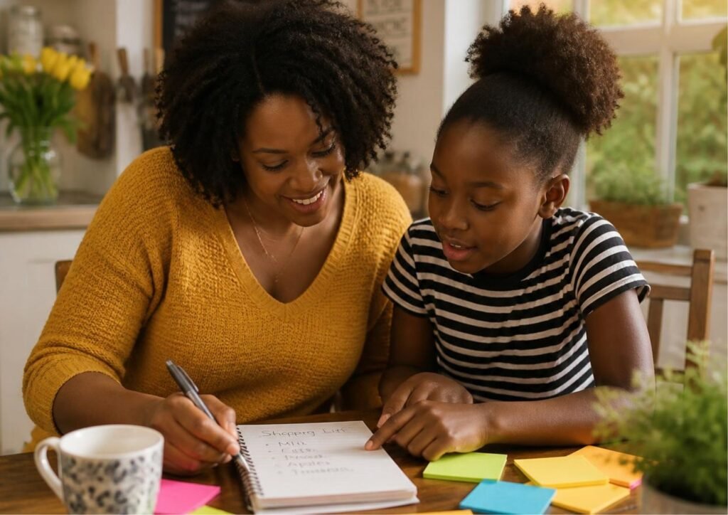 Mother teaching her child about budgeting while making a shopping list.