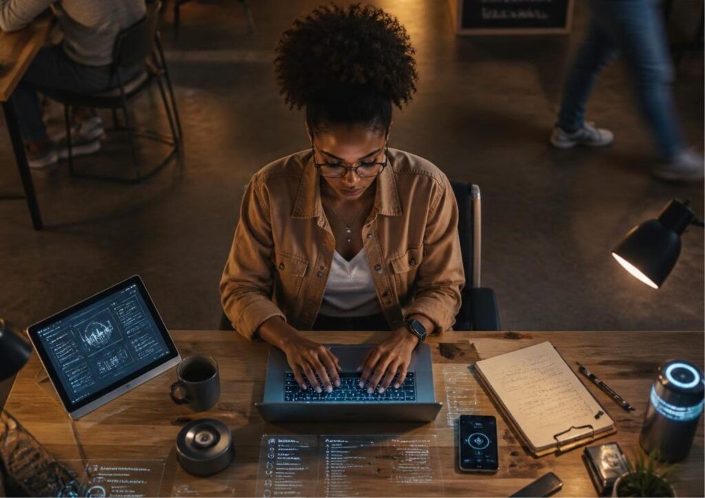 Professional woman using a generative AI assistant on her laptop.